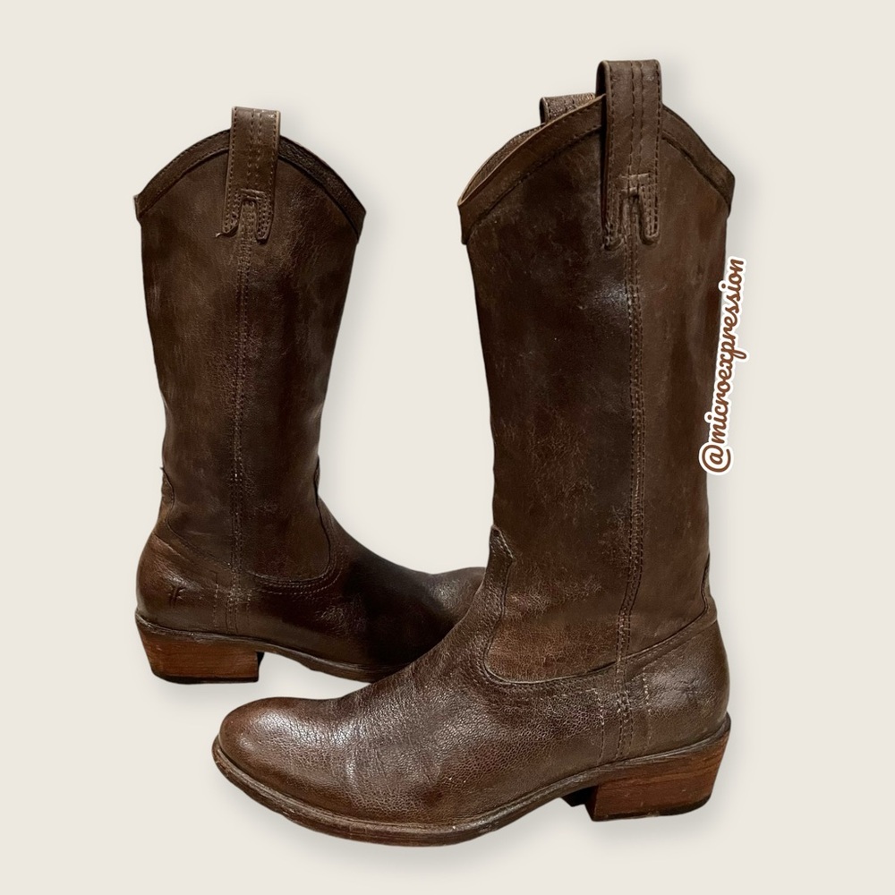 Frye Carson Pull On Brown Leather Southern/Western Cowgirl Festival Party Boots - Picture 6 of 16
